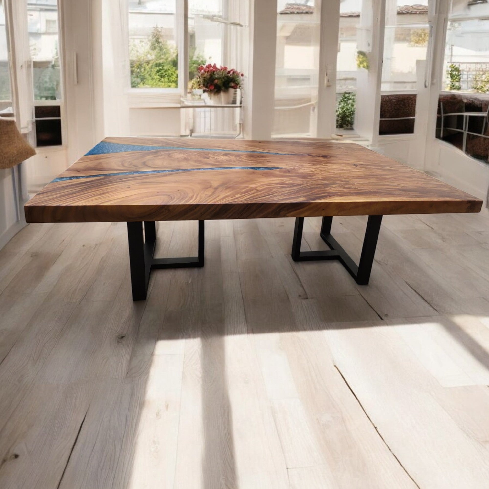 210cm x 145cm Blue Resin Live Edge East Indian Walnut Dining Table