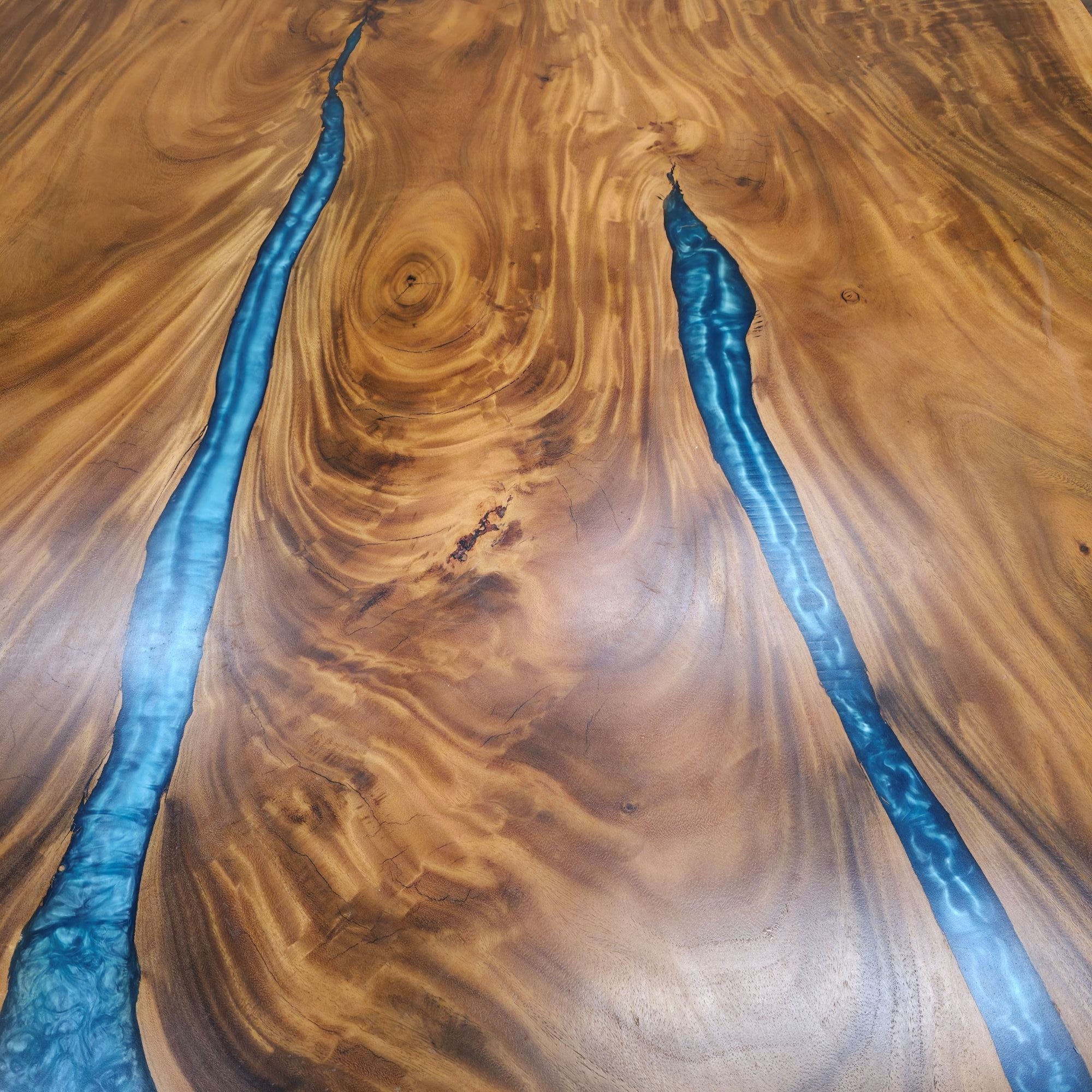210cm x 145cm Blue Resin Live Edge East Indian Walnut Dining Table